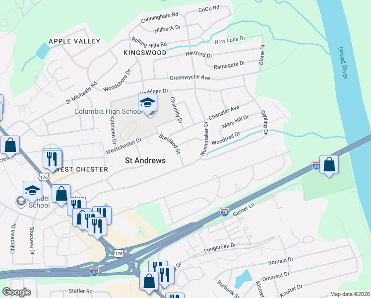 map of restaurants, bars, coffee shops, grocery stores, and more near 1604 Breeland Street in Columbia