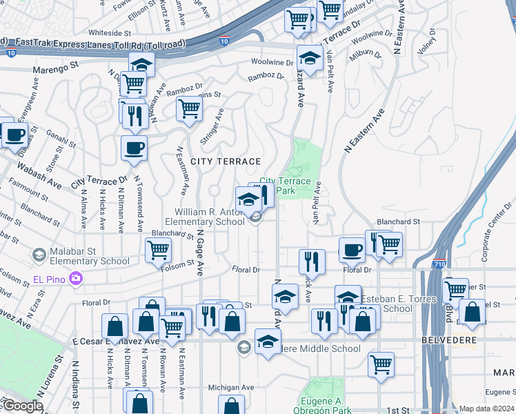 map of restaurants, bars, coffee shops, grocery stores, and more near N Bonnie Beach Pl & Rockwood St in Los Angeles