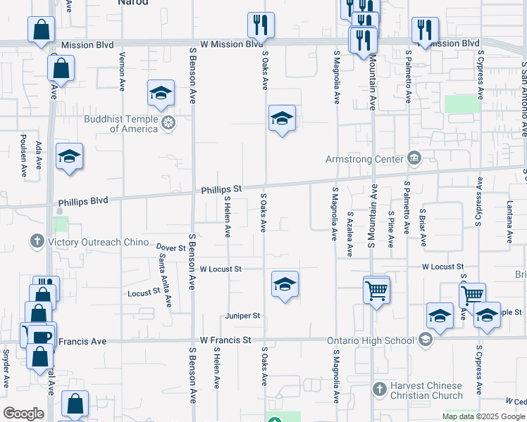 map of restaurants, bars, coffee shops, grocery stores, and more near South Oaks Avenue in Ontario