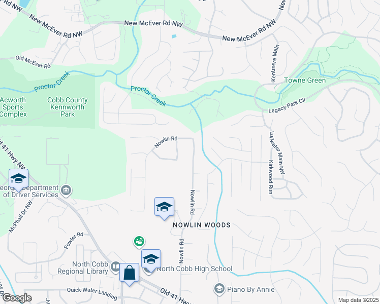 map of restaurants, bars, coffee shops, grocery stores, and more near 3813 Nowlin Road in Kennesaw