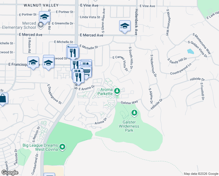 map of restaurants, bars, coffee shops, grocery stores, and more near 2061 East Aroma Drive in West Covina