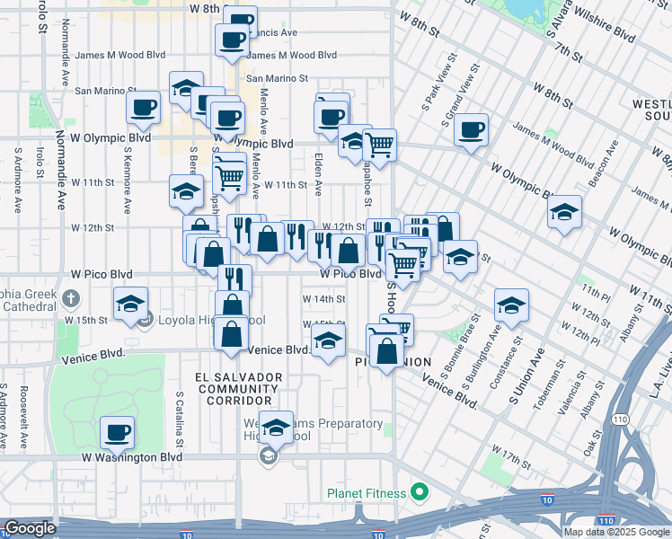 map of restaurants, bars, coffee shops, grocery stores, and more near 2308 West Pico Boulevard in Los Angeles