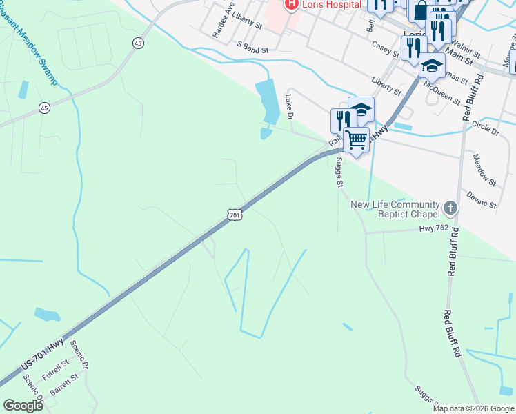 map of restaurants, bars, coffee shops, grocery stores, and more near 575 U.S. 701 in Loris