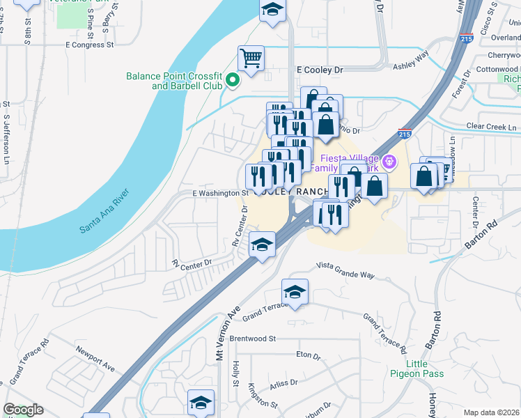 map of restaurants, bars, coffee shops, grocery stores, and more near Washington Street in Colton