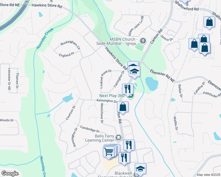 map of restaurants, bars, coffee shops, grocery stores, and more near 3951 Fairington Drive in Marietta