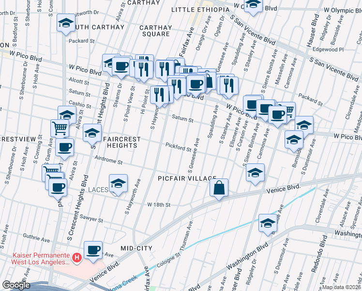 map of restaurants, bars, coffee shops, grocery stores, and more near 1606 South Orange Grove Avenue in Los Angeles