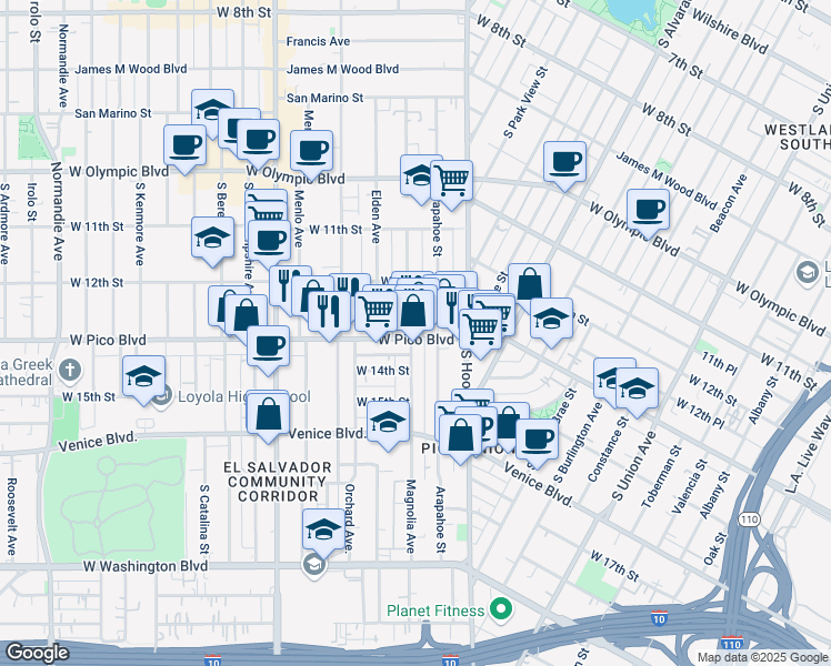 map of restaurants, bars, coffee shops, grocery stores, and more near 2308 West Pico Boulevard in Los Angeles