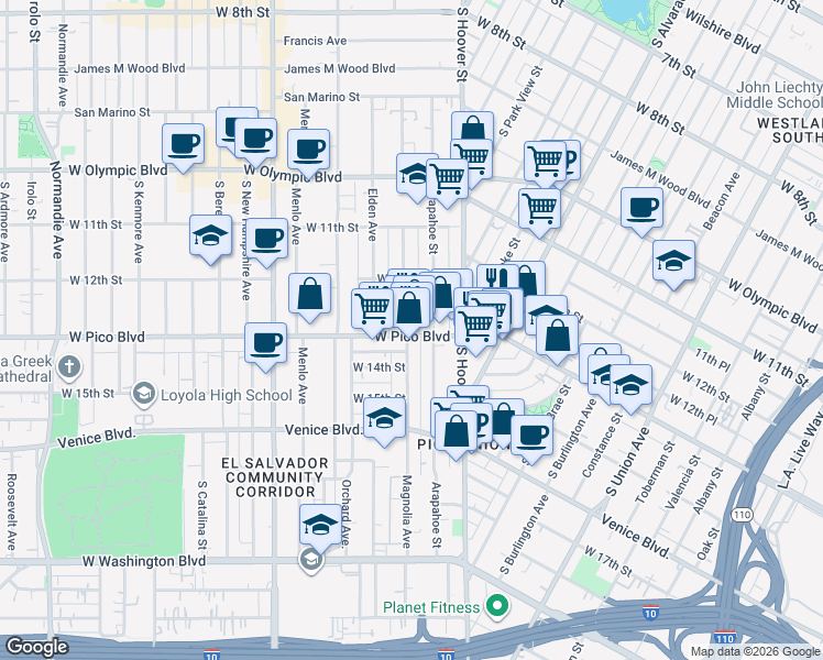 map of restaurants, bars, coffee shops, grocery stores, and more near 2271 West Pico Boulevard in Los Angeles