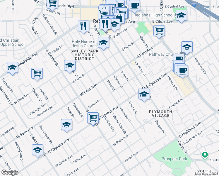 map of restaurants, bars, coffee shops, grocery stores, and more near 499 Alvarado Street in Redlands