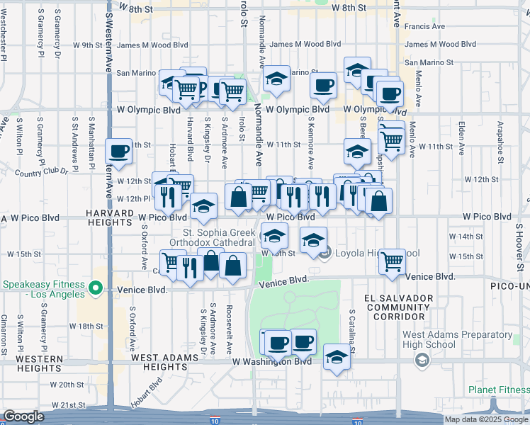 map of restaurants, bars, coffee shops, grocery stores, and more near 2727 West Pico Boulevard in Los Angeles