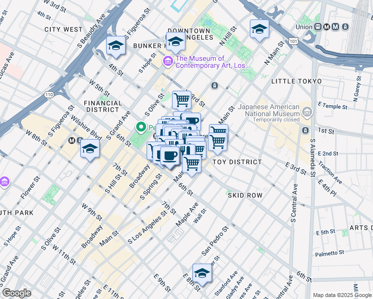 map of restaurants, bars, coffee shops, grocery stores, and more near 460 South Spring Street in Los Angeles