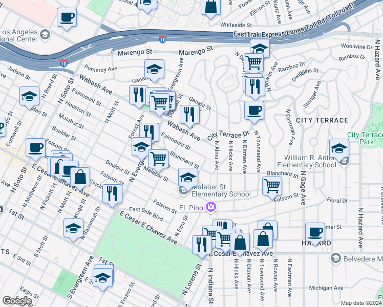 map of restaurants, bars, coffee shops, grocery stores, and more near 3134 Fairmount Street in Los Angeles