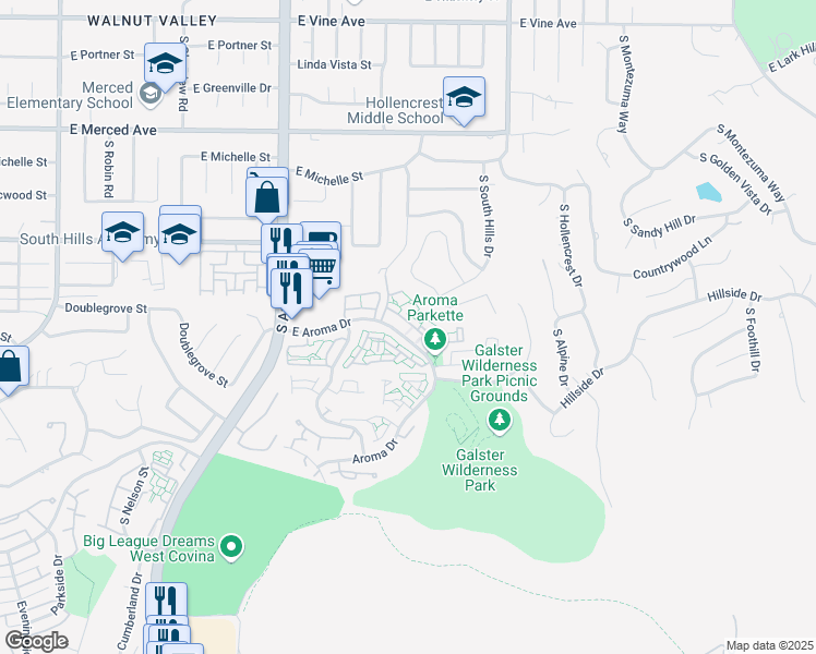 map of restaurants, bars, coffee shops, grocery stores, and more near 2061 East Aroma Drive in West Covina