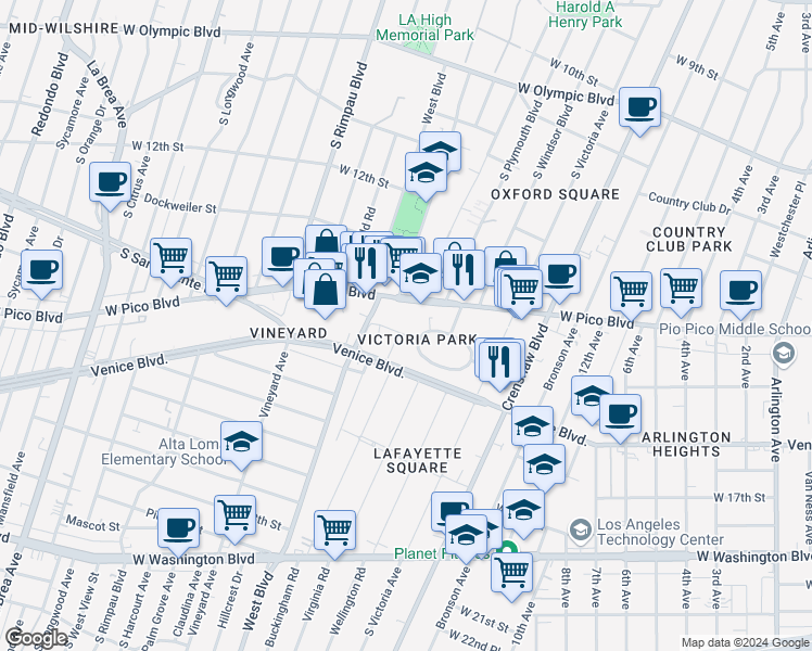 map of restaurants, bars, coffee shops, grocery stores, and more near 4447 Victoria Park Drive in Los Angeles