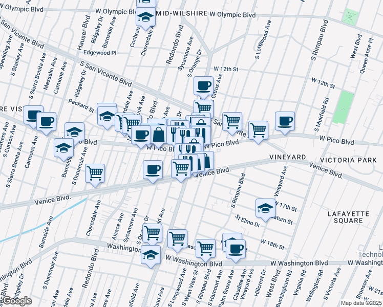 map of restaurants, bars, coffee shops, grocery stores, and more near 9 South La Brea Avenue in Los Angeles