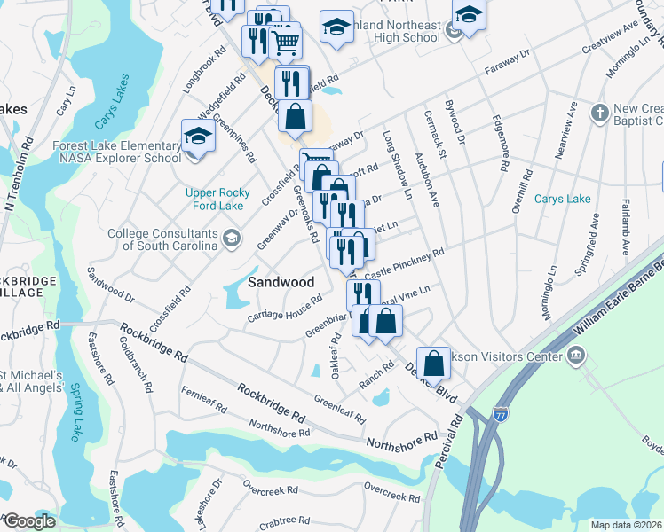 map of restaurants, bars, coffee shops, grocery stores, and more near 1905 Greenoaks Road in Columbia