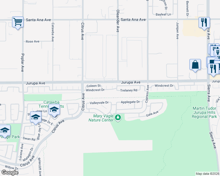 map of restaurants, bars, coffee shops, grocery stores, and more near 16251 Windcrest Drive in Fontana