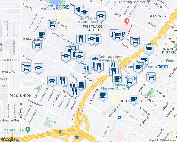 map of restaurants, bars, coffee shops, grocery stores, and more near 1412 West 10th Place in Los Angeles
