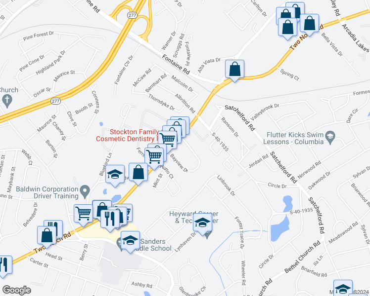 map of restaurants, bars, coffee shops, grocery stores, and more near 27 Bayview Drive in Columbia