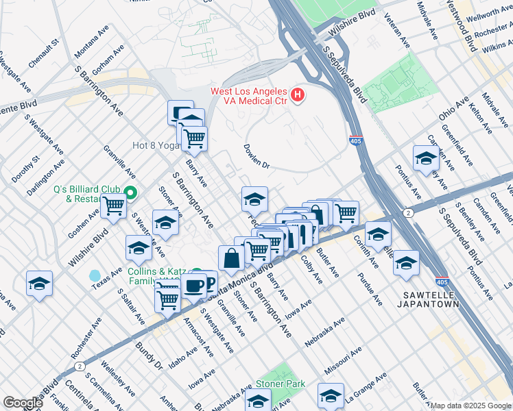 map of restaurants, bars, coffee shops, grocery stores, and more near 11540 Rochester Avenue in Los Angeles