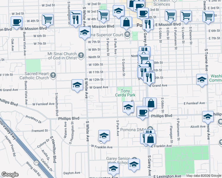 map of restaurants, bars, coffee shops, grocery stores, and more near 560 West Grand Avenue in Pomona