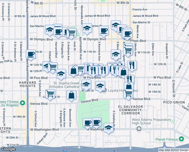map of restaurants, bars, coffee shops, grocery stores, and more near 2698 West Pico Boulevard in Los Angeles