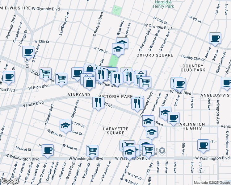 map of restaurants, bars, coffee shops, grocery stores, and more near in Los Angeles