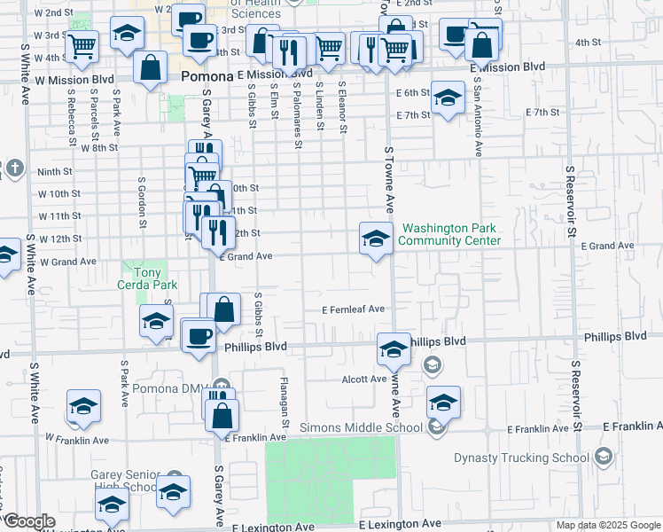 map of restaurants, bars, coffee shops, grocery stores, and more near 628 East Grand Avenue in Pomona