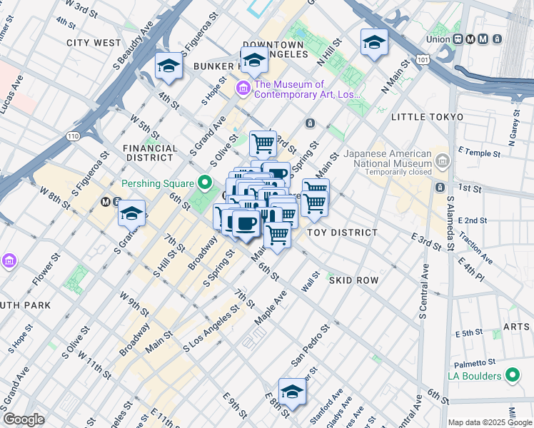 map of restaurants, bars, coffee shops, grocery stores, and more near 460 South Spring Street in Los Angeles