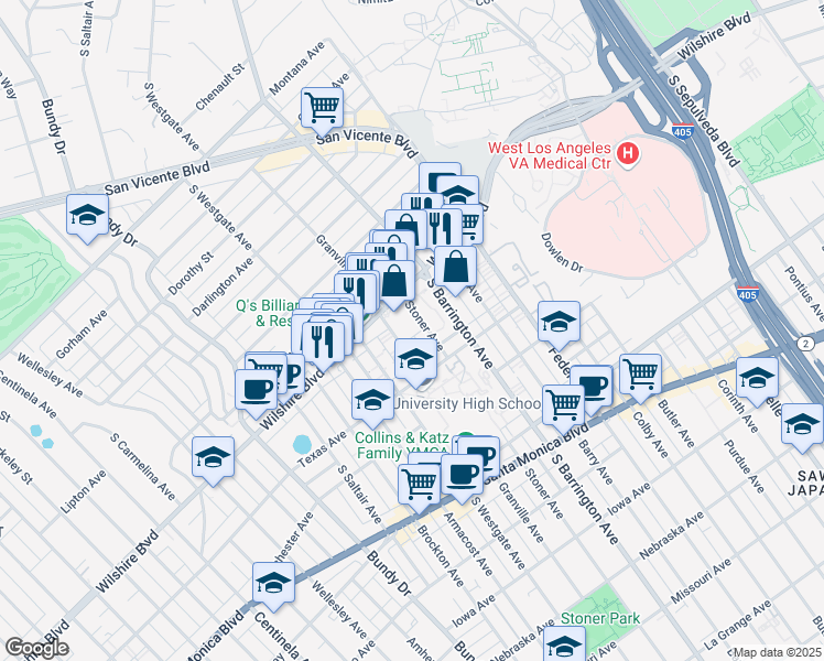 map of restaurants, bars, coffee shops, grocery stores, and more near 1252 Granville Avenue in Los Angeles