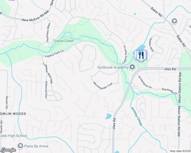 map of restaurants, bars, coffee shops, grocery stores, and more near 2650 Morning Side Trail in Kennesaw
