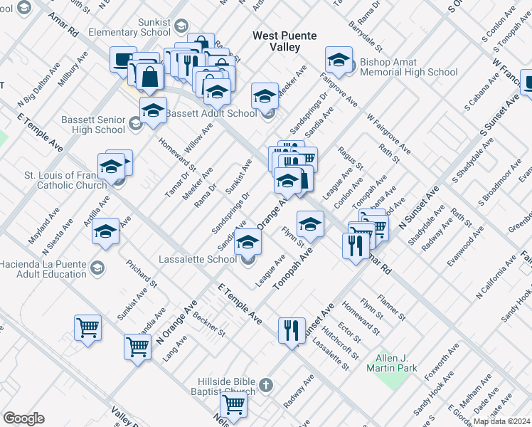 map of restaurants, bars, coffee shops, grocery stores, and more near 823 North Orange Avenue in La Puente