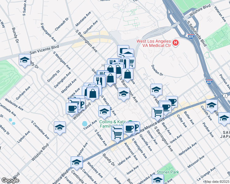 map of restaurants, bars, coffee shops, grocery stores, and more near 11750 Wilshire Boulevard in Los Angeles