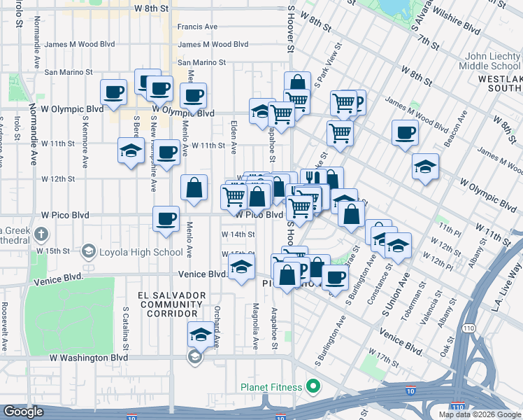 map of restaurants, bars, coffee shops, grocery stores, and more near 2271 West Pico Boulevard in Los Angeles