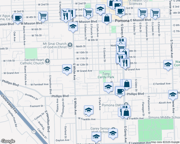 map of restaurants, bars, coffee shops, grocery stores, and more near 636 West Grand Avenue in Pomona