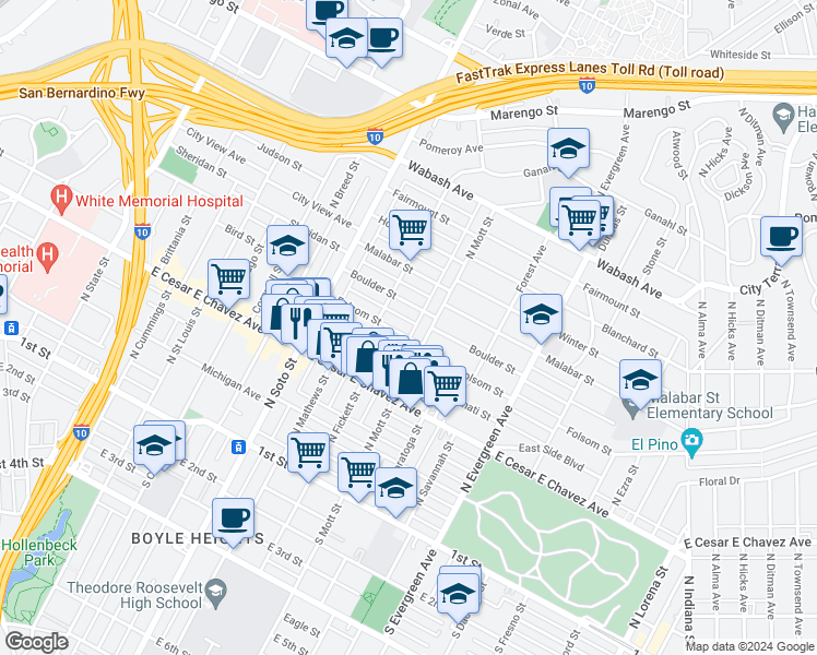 map of restaurants, bars, coffee shops, grocery stores, and more near 2531 Folsom Street in Los Angeles