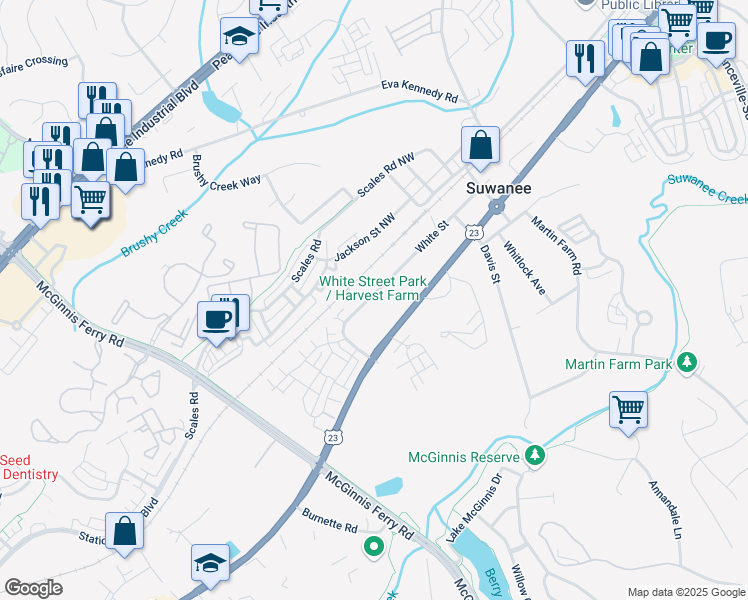 map of restaurants, bars, coffee shops, grocery stores, and more near 752 White Street in Suwanee