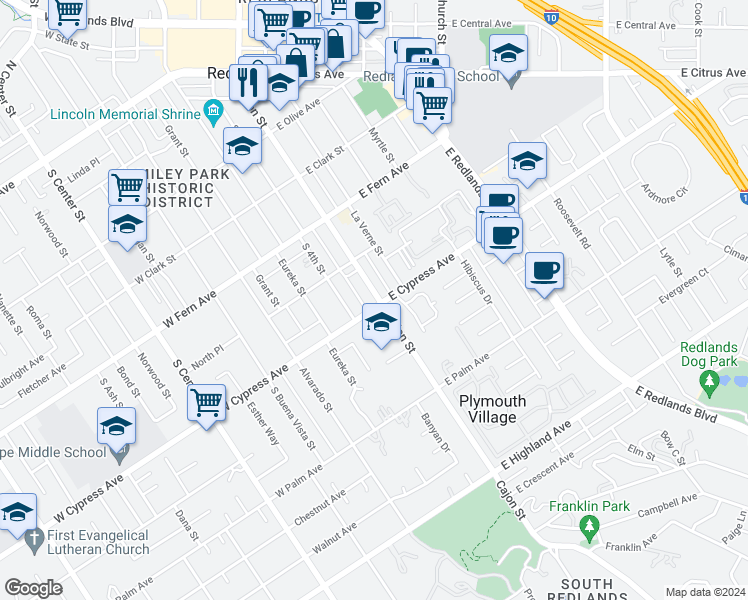 map of restaurants, bars, coffee shops, grocery stores, and more near 12 West Cypress Avenue in Redlands
