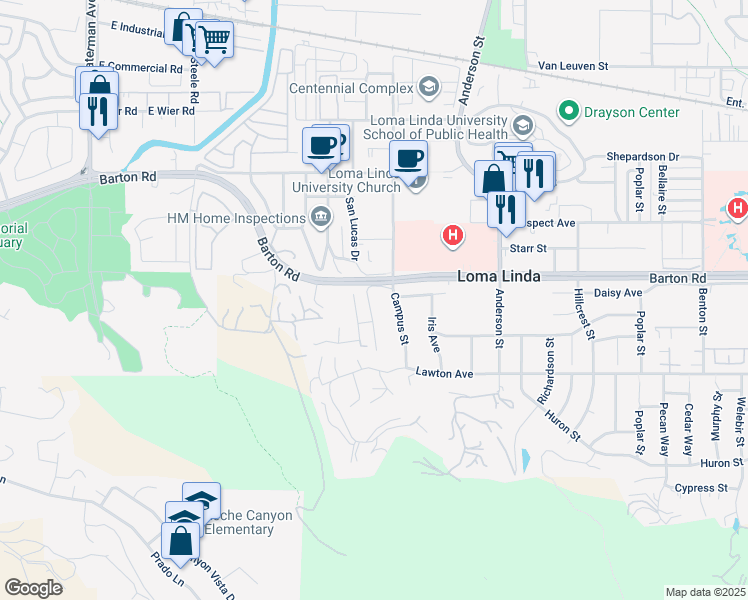 map of restaurants, bars, coffee shops, grocery stores, and more near 11372 San Juan Drive in Loma Linda