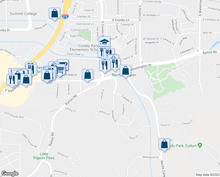 map of restaurants, bars, coffee shops, grocery stores, and more near 1290 Cahuilla Street in Colton