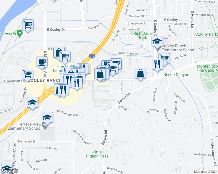 map of restaurants, bars, coffee shops, grocery stores, and more near 1251 South Meadow Lane in Colton