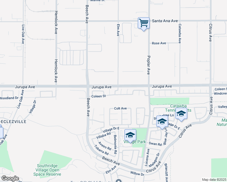 map of restaurants, bars, coffee shops, grocery stores, and more near 15449 Coleen Street in Fontana