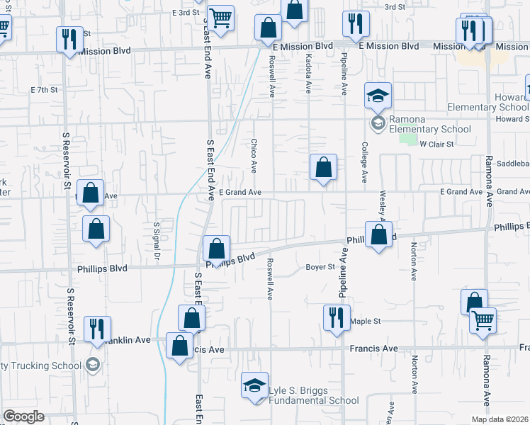 map of restaurants, bars, coffee shops, grocery stores, and more near 11417 Dartmouth Lane in Pomona