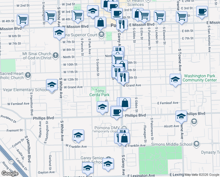 map of restaurants, bars, coffee shops, grocery stores, and more near 1344 South Main Street in Pomona