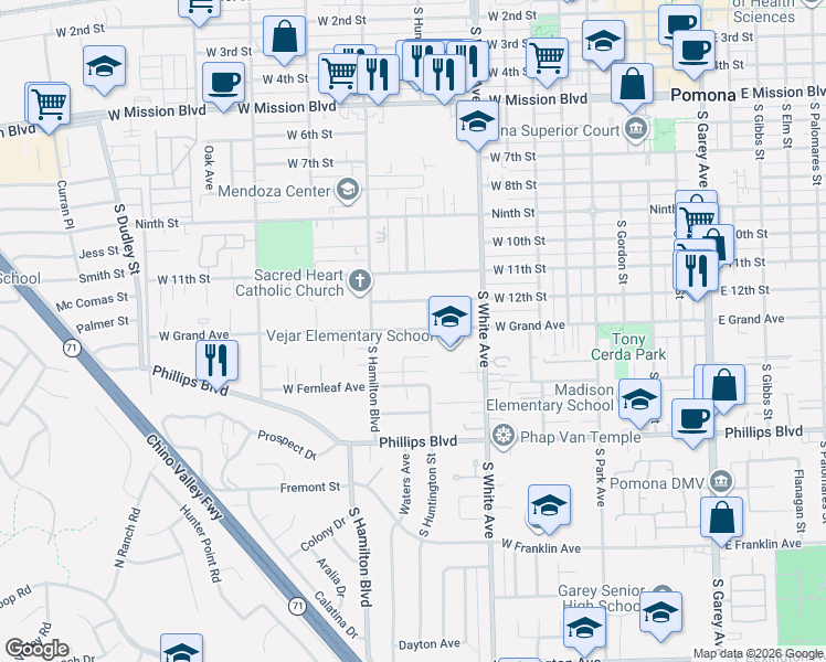 map of restaurants, bars, coffee shops, grocery stores, and more near 1044 West Grand Avenue in Pomona