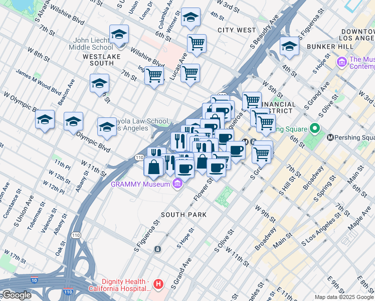 map of restaurants, bars, coffee shops, grocery stores, and more near 933 Francisco Street in Los Angeles