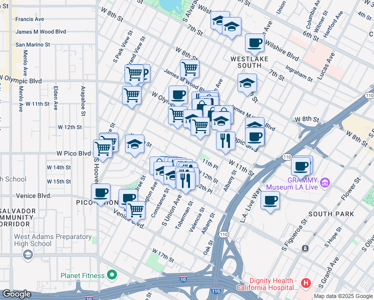 map of restaurants, bars, coffee shops, grocery stores, and more near 1622 West 11th Place in Los Angeles