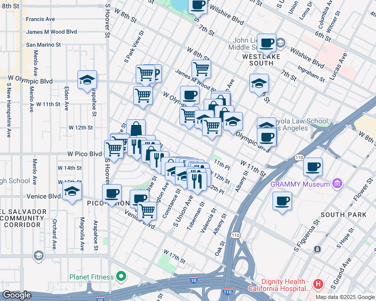 map of restaurants, bars, coffee shops, grocery stores, and more near 1664 1/2 West 12th Street in Los Angeles