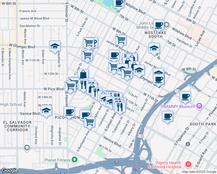 map of restaurants, bars, coffee shops, grocery stores, and more near 1664 1/2 West 12th Street in Los Angeles