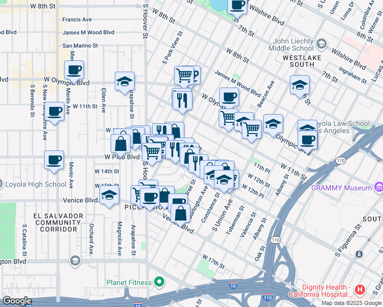 map of restaurants, bars, coffee shops, grocery stores, and more near 1929 West Pico Boulevard in Los Angeles